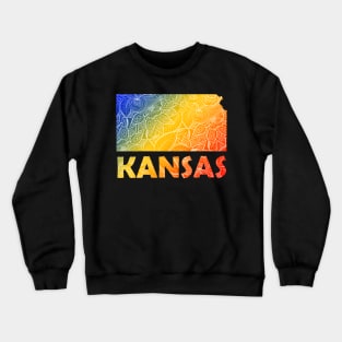 Colorful mandala art map of Kansas with text in blue, yellow, and red Crewneck Sweatshirt